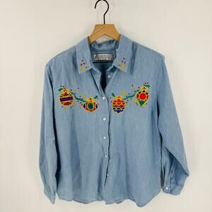 Vintage Karen Scott Chambray Button Down Christmas Ornament‎ Embroidered Shirt L